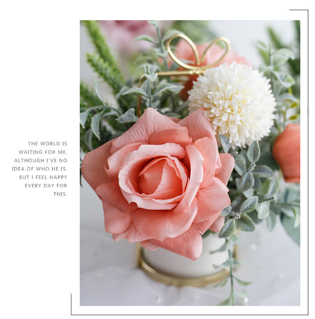 Sztuczne kwiaty różowej róży i białej hortensji - dekoracja biurowa, ślubna i do domu, Bonsai z ceramicznym wazonem - Wianko - 11