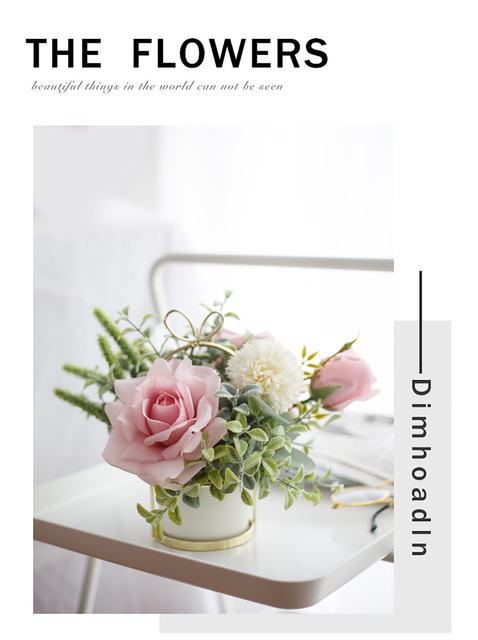 Sztuczne kwiaty różowej róży i białej hortensji - dekoracja biurowa, ślubna i do domu, Bonsai z ceramicznym wazonem - Wianko - 2