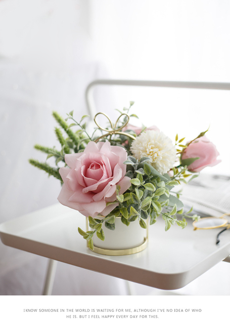 Sztuczne kwiaty różowej róży i białej hortensji - dekoracja biurowa, ślubna i do domu, Bonsai z ceramicznym wazonem - Wianko - 10