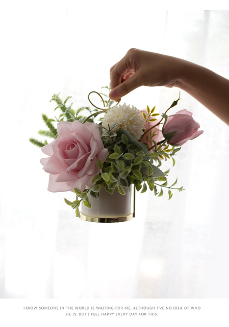 Sztuczne kwiaty różowej róży i białej hortensji - dekoracja biurowa, ślubna i do domu, Bonsai z ceramicznym wazonem - Wianko - 7
