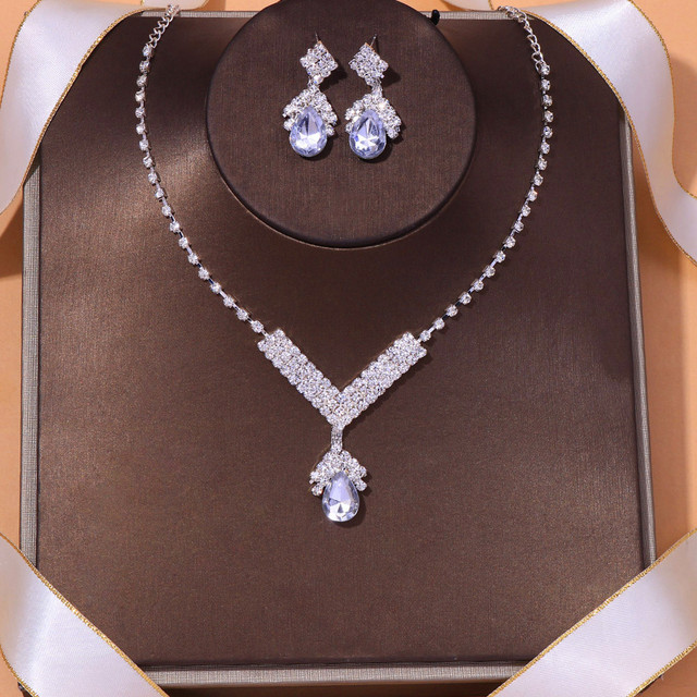 Luksusowy zestaw biżuterii dla nowożeńców - biały niebieski kryształ, srebrne kolczyki i naszyjnik z kryształem górskim - Wianko - 6