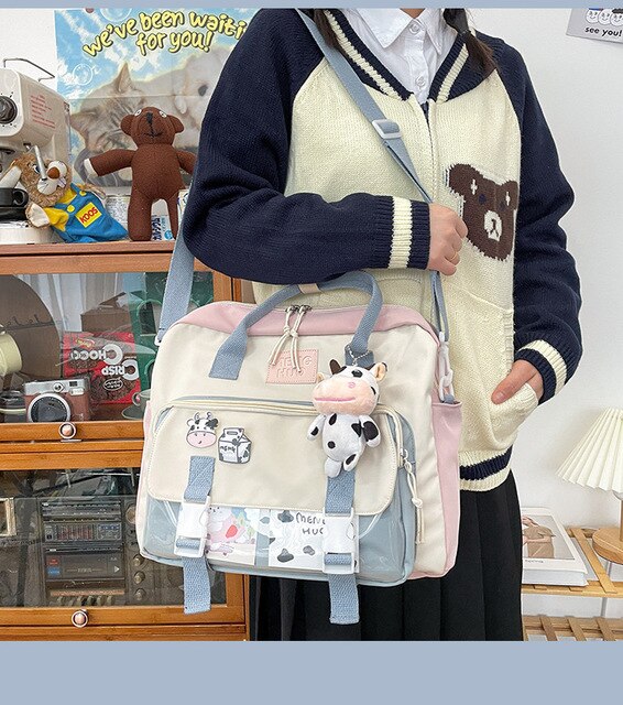 Koreański plecak wielofunkcyjny dla nastolatek, przenośna torba podróżna dla dziewczynki - krowa, mała słodka szkolna torba z różową odznaką kobiecego stylu - Wianko - 7