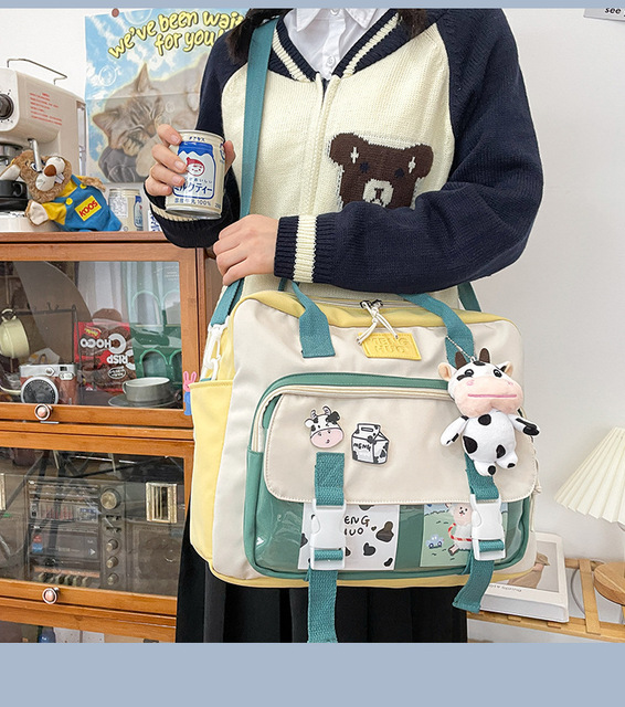 Koreański plecak wielofunkcyjny dla nastolatek, przenośna torba podróżna dla dziewczynki - krowa, mała słodka szkolna torba z różową odznaką kobiecego stylu - Wianko - 5