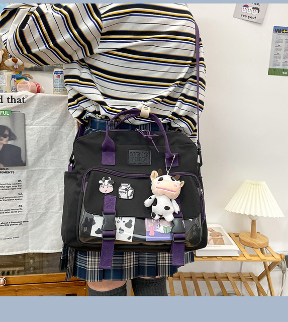 Koreański plecak wielofunkcyjny dla nastolatek, przenośna torba podróżna dla dziewczynki - krowa, mała słodka szkolna torba z różową odznaką kobiecego stylu - Wianko - 12