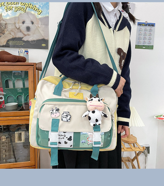 Koreański plecak wielofunkcyjny dla nastolatek, przenośna torba podróżna dla dziewczynki - krowa, mała słodka szkolna torba z różową odznaką kobiecego stylu - Wianko - 3