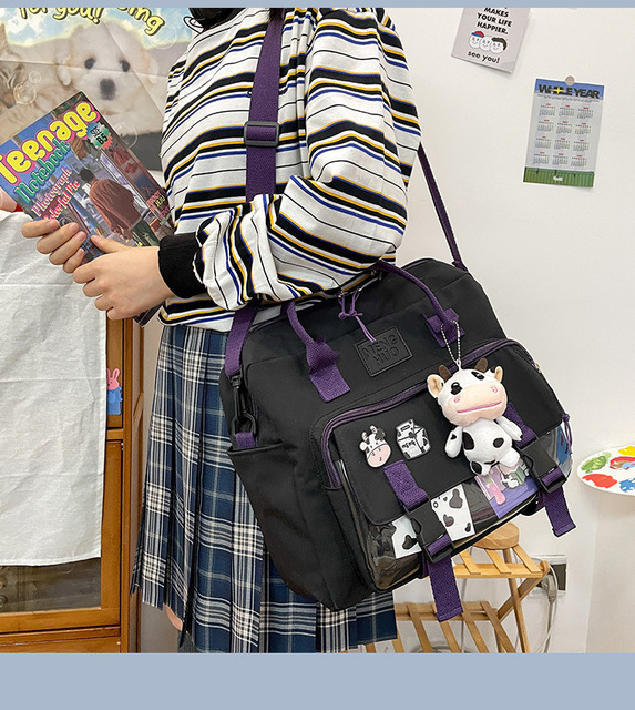 Koreański plecak wielofunkcyjny dla nastolatek, przenośna torba podróżna dla dziewczynki - krowa, mała słodka szkolna torba z różową odznaką kobiecego stylu - Wianko - 14