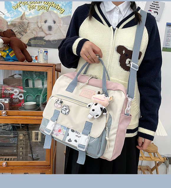 Koreański plecak wielofunkcyjny dla nastolatek, przenośna torba podróżna dla dziewczynki - krowa, mała słodka szkolna torba z różową odznaką kobiecego stylu - Wianko - 9