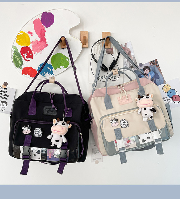 Koreański plecak wielofunkcyjny dla nastolatek, przenośna torba podróżna dla dziewczynki - krowa, mała słodka szkolna torba z różową odznaką kobiecego stylu - Wianko - 23