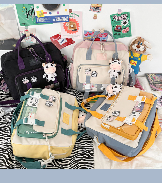 Koreański plecak wielofunkcyjny dla nastolatek, przenośna torba podróżna dla dziewczynki - krowa, mała słodka szkolna torba z różową odznaką kobiecego stylu - Wianko - 28