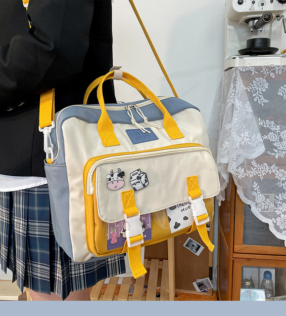 Koreański plecak wielofunkcyjny dla nastolatek, przenośna torba podróżna dla dziewczynki - krowa, mała słodka szkolna torba z różową odznaką kobiecego stylu - Wianko - 17