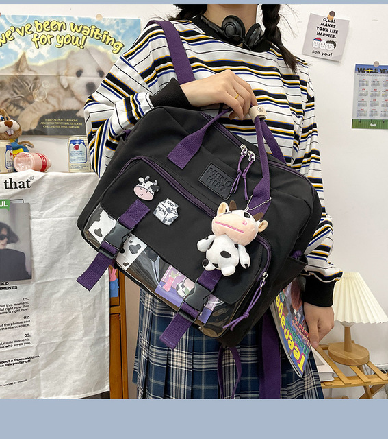 Koreański plecak wielofunkcyjny dla nastolatek, przenośna torba podróżna dla dziewczynki - krowa, mała słodka szkolna torba z różową odznaką kobiecego stylu - Wianko - 15