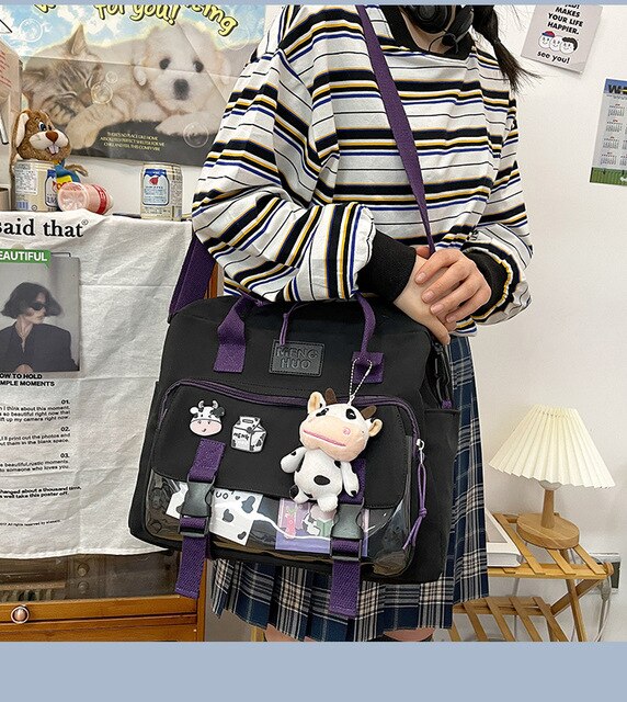 Koreański plecak wielofunkcyjny dla nastolatek, przenośna torba podróżna dla dziewczynki - krowa, mała słodka szkolna torba z różową odznaką kobiecego stylu - Wianko - 13