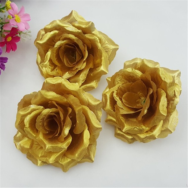 Sztuczna róża jedwabna o długości 10 cm, kolor złoty, 10 sztuk - Wianko - 7