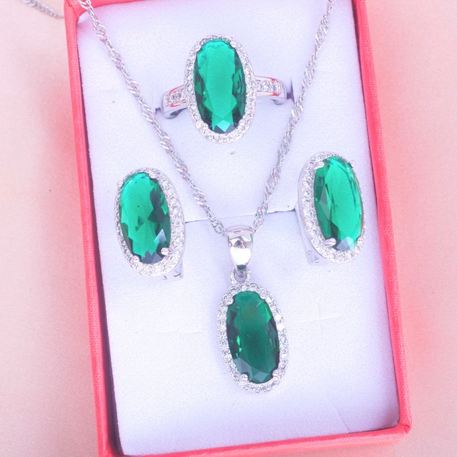 Zestaw biżuterii ślubnej z zielonym kryształem i cyrkonią, srebrny kolor - Wianko - 2