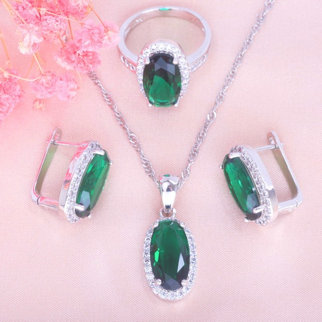 Zestaw biżuterii ślubnej z zielonym kryształem i cyrkonią, srebrny kolor - Wianko - 1