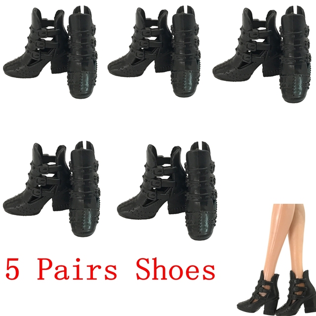 Czarny zestaw 5 par butów dla lalek: fajne Sneakery, płaskie sandały, oryginalne buty na wysokim obcasie dla Barbie - zabawki 008A DZ - Wianko - 3