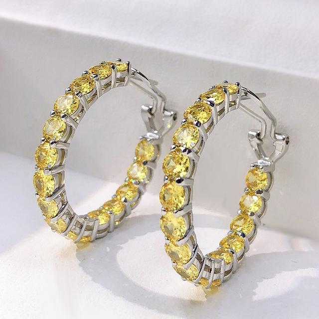 Srebrne kolczyki OEVAS z żółtym, węglowym diamentem 4mm - biżuteria dla kobiet na wesele - Wianko - 7
