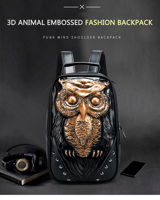 Fajny plecak DIOMO 3D sowa dla kobiet - wysoka jakość, kolor czarny - Wianko - 1