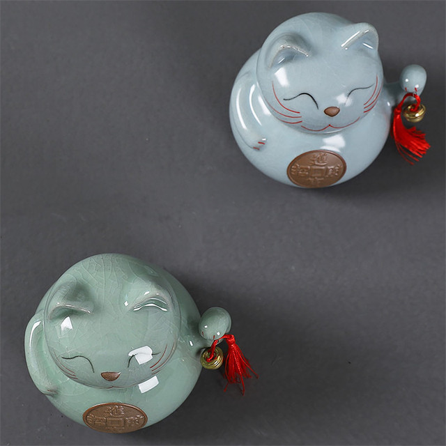 Puszka na herbatę ceramiczna - kot na szczęście, pęknięta glazura, duży pojemnik na jedzenie, kreatywny i domowy - Wianko - 4