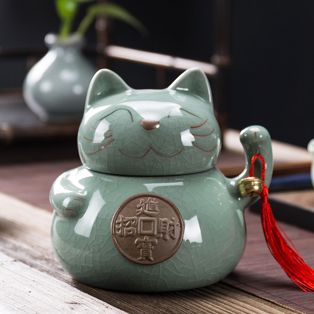 Puszka na herbatę ceramiczna - kot na szczęście, pęknięta glazura, duży pojemnik na jedzenie, kreatywny i domowy - Wianko - 1