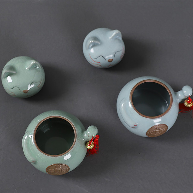 Puszka na herbatę ceramiczna - kot na szczęście, pęknięta glazura, duży pojemnik na jedzenie, kreatywny i domowy - Wianko - 5