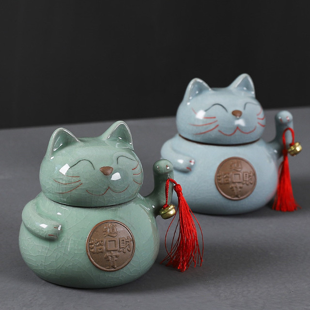 Puszka na herbatę ceramiczna - kot na szczęście, pęknięta glazura, duży pojemnik na jedzenie, kreatywny i domowy - Wianko - 3
