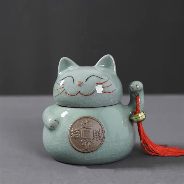 Puszka na herbatę ceramiczna - kot na szczęście, pęknięta glazura, duży pojemnik na jedzenie, kreatywny i domowy - Wianko - 6