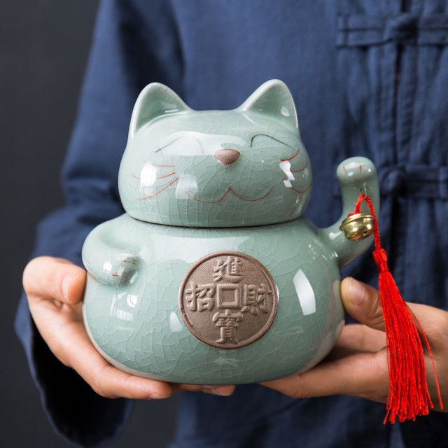 Puszka na herbatę ceramiczna - kot na szczęście, pęknięta glazura, duży pojemnik na jedzenie, kreatywny i domowy - Wianko - 7
