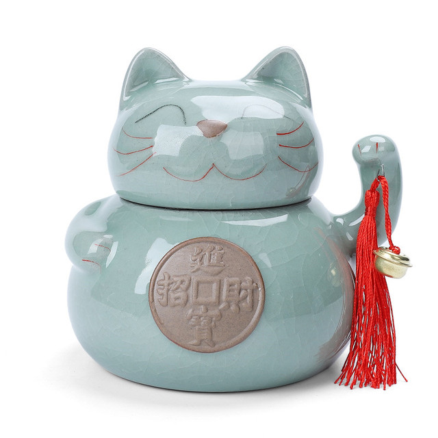 Puszka na herbatę ceramiczna - kot na szczęście, pęknięta glazura, duży pojemnik na jedzenie, kreatywny i domowy - Wianko - 8