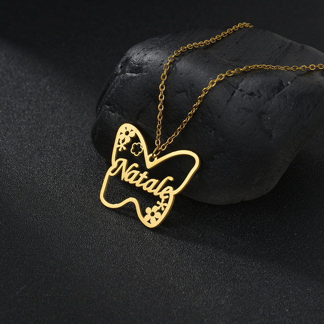 Złoty naszyjnik z niestandardowym motywem motyla i kwiatów - stworzona specjalnie dla kobiet ze stali nierdzewnej - Wianko - 3