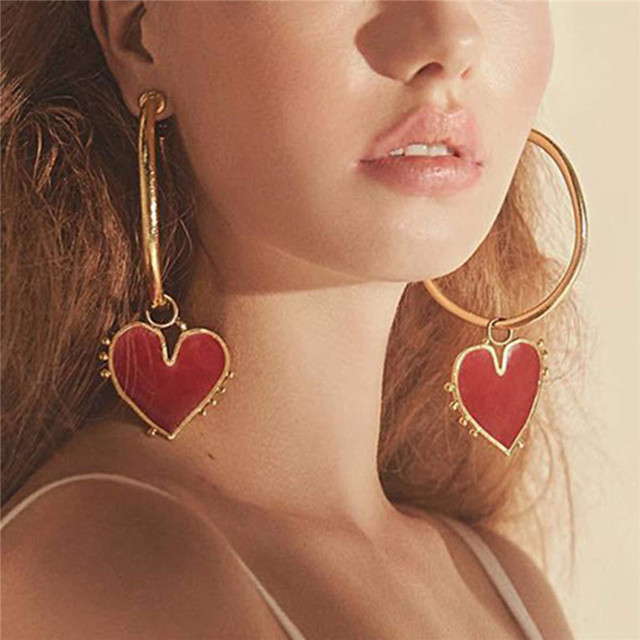 Kolczyki Vintage z czerwonym sercem - duże złote koła dla kobiet - Wianko - 2