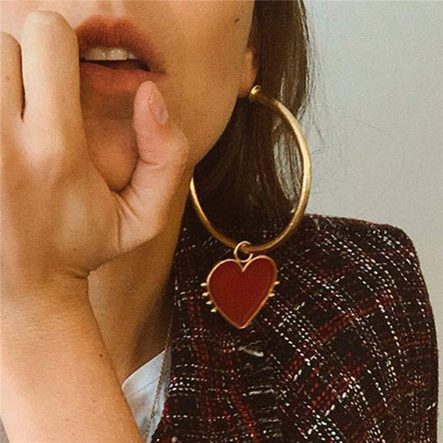 Kolczyki Vintage z czerwonym sercem - duże złote koła dla kobiet - Wianko - 3