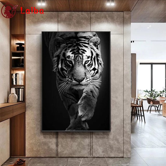 Diamentowa mozaika czarno-biała - sztuka zwierzęca - obraz diamentowy - tygrys - Wianko - 3