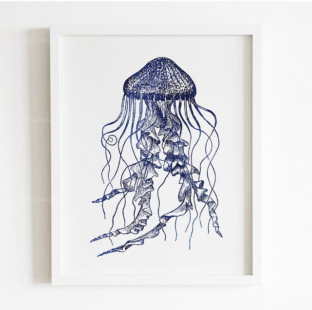 Morskie płótno artystyczne z podmorskim nadrukiem zwierząt w stylu Hampton Art Indigo - granatowy - Wianko - 7