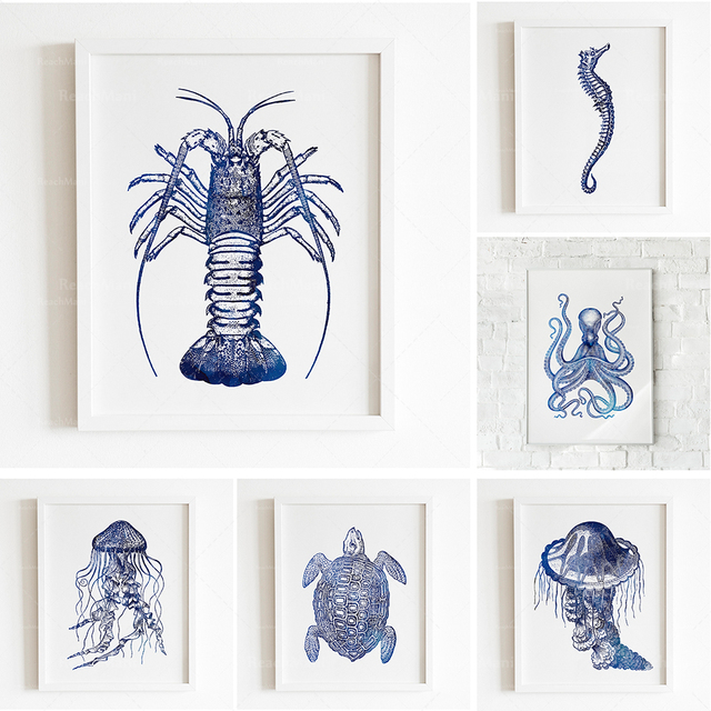 Morskie płótno artystyczne z podmorskim nadrukiem zwierząt w stylu Hampton Art Indigo - granatowy - Wianko - 5