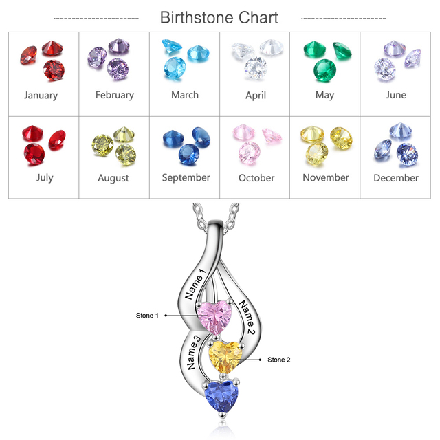 Personalizowany naszyjnik JewelOra z grawerowaną nazwą, 3 sercami Birthstone, biżuteria na prezent urodzinowy - Wianko - 1