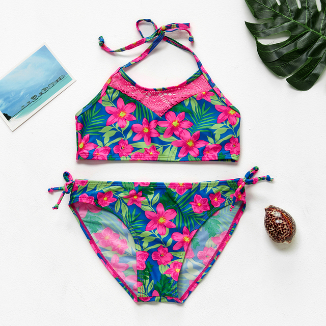 Dwuczęściowy strój kąpielowy dla dziewczyn, tropikalny kwiatowy wzór, dostępny w rozmiarach 2-15 lat - ST200 - Wianko - 2