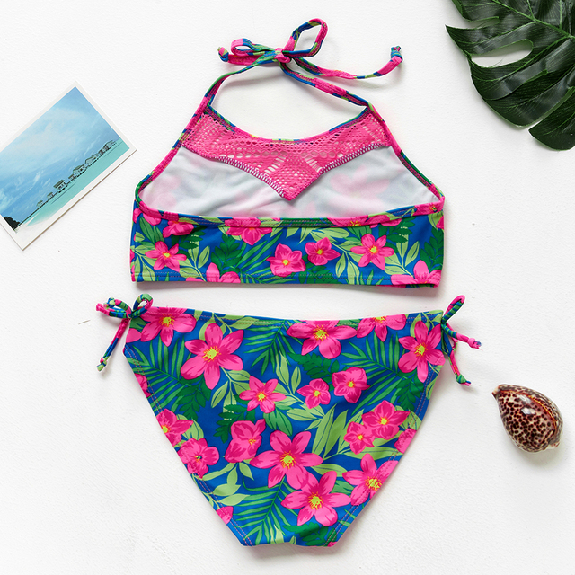Dwuczęściowy strój kąpielowy dla dziewczyn, tropikalny kwiatowy wzór, dostępny w rozmiarach 2-15 lat - ST200 - Wianko - 3