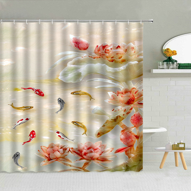 Zasłona prysznicowa - 3D nefrytowa rzeźba pejzażu ogrodu z piwonią, złotą rybką, ptakiem i zielonymi liśćmi - Wianko - 2