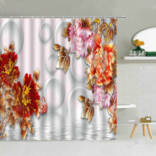 Zasłona prysznicowa - 3D nefrytowa rzeźba pejzażu ogrodu z piwonią, złotą rybką, ptakiem i zielonymi liśćmi - Wianko - 8