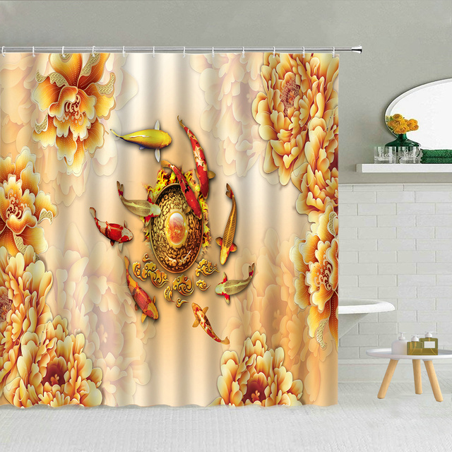Zasłona prysznicowa - 3D nefrytowa rzeźba pejzażu ogrodu z piwonią, złotą rybką, ptakiem i zielonymi liśćmi - Wianko - 7