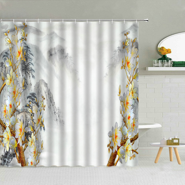 Zasłona prysznicowa - 3D nefrytowa rzeźba pejzażu ogrodu z piwonią, złotą rybką, ptakiem i zielonymi liśćmi - Wianko - 4