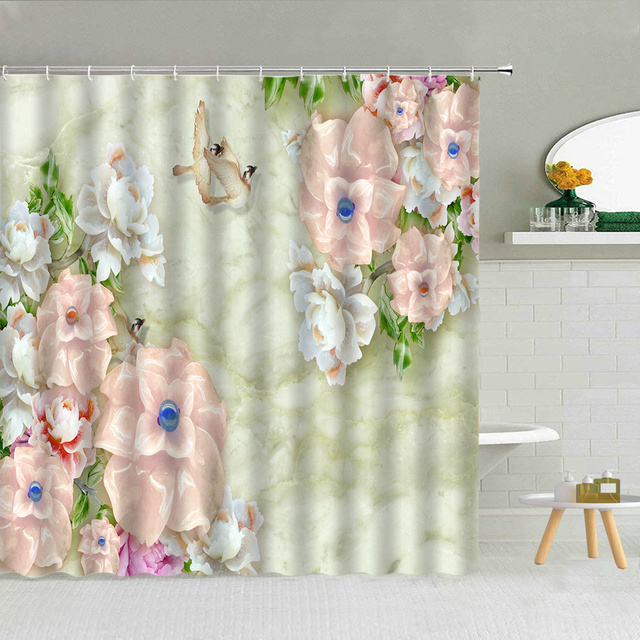 Zasłona prysznicowa - 3D nefrytowa rzeźba pejzażu ogrodu z piwonią, złotą rybką, ptakiem i zielonymi liśćmi - Wianko - 3