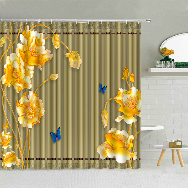 Zasłona prysznicowa - 3D nefrytowa rzeźba pejzażu ogrodu z piwonią, złotą rybką, ptakiem i zielonymi liśćmi - Wianko - 9