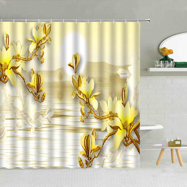 Zasłona prysznicowa - 3D nefrytowa rzeźba pejzażu ogrodu z piwonią, złotą rybką, ptakiem i zielonymi liśćmi - Wianko - 5