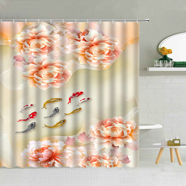 Zasłona prysznicowa - 3D nefrytowa rzeźba pejzażu ogrodu z piwonią, złotą rybką, ptakiem i zielonymi liśćmi - Wianko - 10