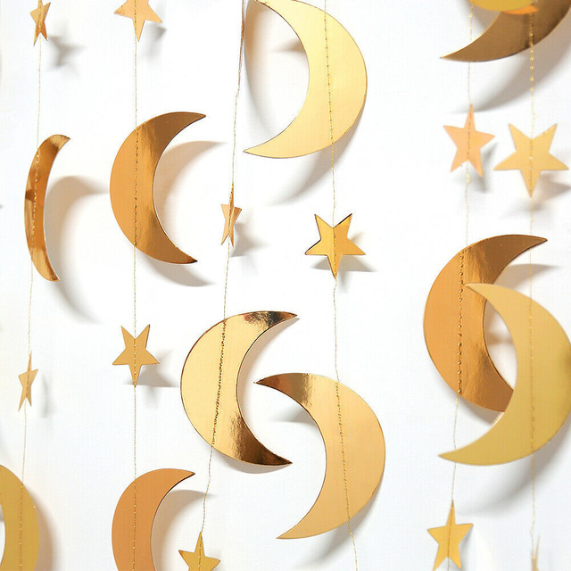 Złoto-srebrna wisząca girlanda z ramadanowym motywem księżyca, gwiazdy i trznadla Eid Mubarak – dekoracja domowa, zasłona lub ozdoba ścienna DIY Ramadan Kareem - Wianko - 8