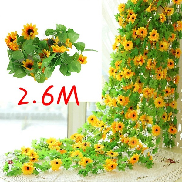 Sztuczne słoneczniki stroik z bluszczu, 2.6M, sztuczne kwiaty z zielonymi liśćmi, wiszące Garland dla domu, ogród, ogrodzenia, dekoracja weselna - Wianko - 1
