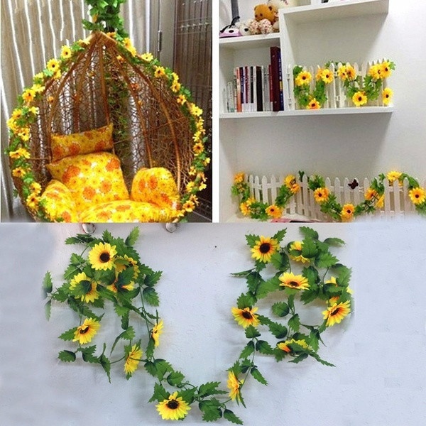 Sztuczne słoneczniki stroik z bluszczu, 2.6M, sztuczne kwiaty z zielonymi liśćmi, wiszące Garland dla domu, ogród, ogrodzenia, dekoracja weselna - Wianko - 3