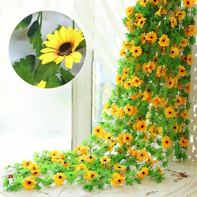 Sztuczne słoneczniki stroik z bluszczu, 2.6M, sztuczne kwiaty z zielonymi liśćmi, wiszące Garland dla domu, ogród, ogrodzenia, dekoracja weselna - Wianko - 2